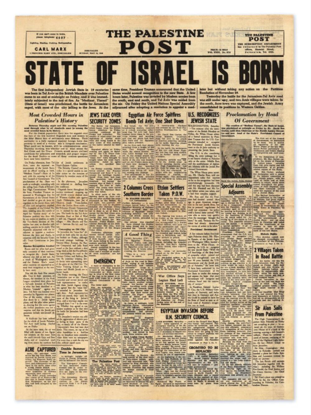 1948 STATE OF ISRAEL IS BORN FRONT PAGE POSTER OF ISRAEL PALESTINE POST